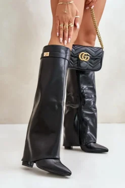 Best Boto Kozaki Damskie Eko Skórzane Z Wywiniętą Cholewką Na Słupku Czarne Avamora