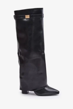 Best Boto Kozaki Damskie Eko Skórzane Z Wywiniętą Cholewką Na Słupku Czarne Avamora