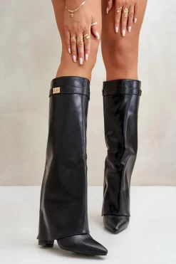 Best Boto Kozaki Damskie Eko Skórzane Z Wywiniętą Cholewką Na Słupku Czarne Avamora