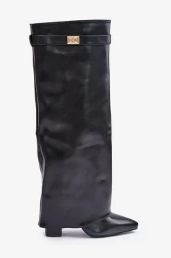 Best Boto Kozaki Damskie Eko Skórzane Z Wywiniętą Cholewką Na Słupku Czarne Avamora