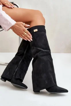 Damskie Boto Kozaki Damskie Eko Zamszowe Z Wywiniętą Cholewką Na Słupku Czarne Bralise