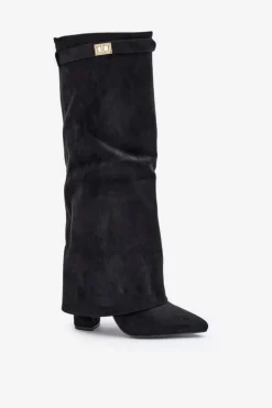 Damskie Boto Kozaki Damskie Eko Zamszowe Z Wywiniętą Cholewką Na Słupku Czarne Bralise