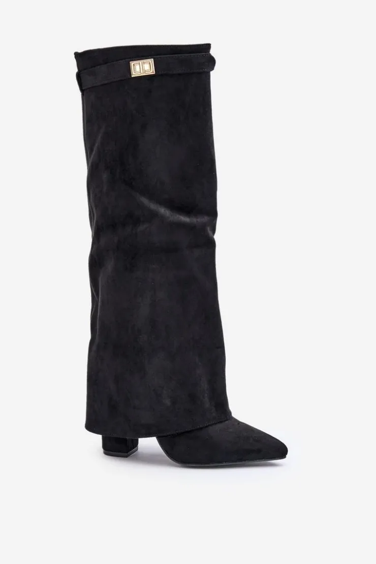 Damskie Boto Kozaki Damskie Eko Zamszowe Z Wywiniętą Cholewką Na Słupku Czarne Bralise