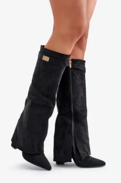 Damskie Boto Kozaki Damskie Eko Zamszowe Z Wywiniętą Cholewką Na Słupku Czarne Bralise