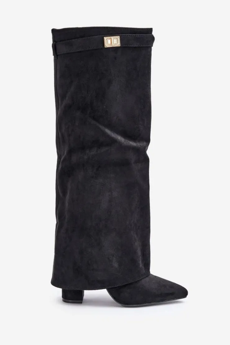 Damskie Boto Kozaki Damskie Eko Zamszowe Z Wywiniętą Cholewką Na Słupku Czarne Bralise
