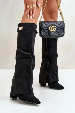 Damskie Boto Kozaki Damskie Eko Zamszowe Z Wywiniętą Cholewką Na Słupku Czarne Bralise