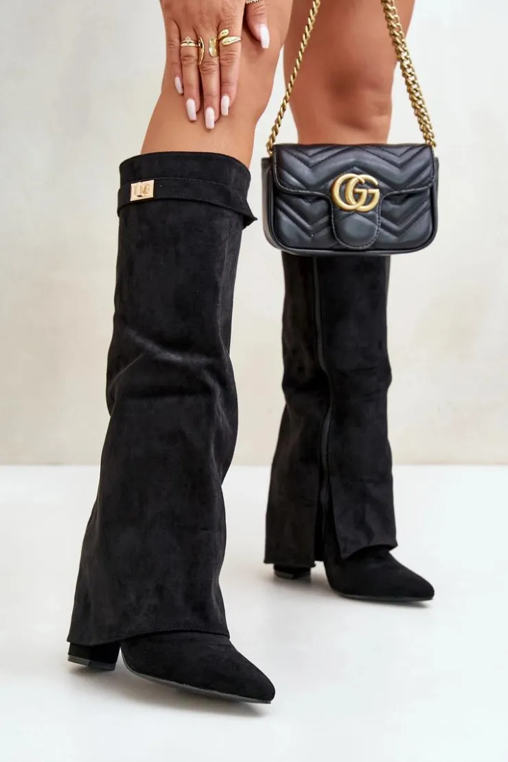 Damskie Boto Kozaki Damskie Eko Zamszowe Z Wywiniętą Cholewką Na Słupku Czarne Bralise