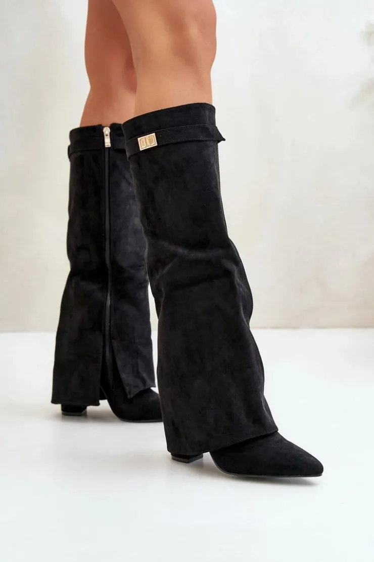 Damskie Boto Kozaki Damskie Eko Zamszowe Z Wywiniętą Cholewką Na Słupku Czarne Bralise