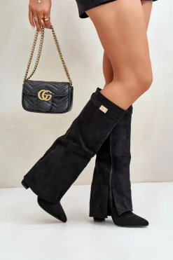 Damskie Boto Kozaki Damskie Eko Zamszowe Z Wywiniętą Cholewką Na Słupku Czarne Bralise