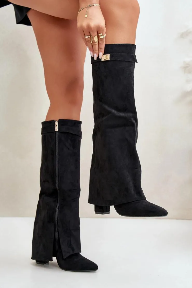 Damskie Boto Kozaki Damskie Eko Zamszowe Z Wywiniętą Cholewką Na Słupku Czarne Bralise