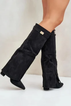 Damskie Boto Kozaki Damskie Eko Zamszowe Z Wywiniętą Cholewką Na Słupku Czarne Bralise