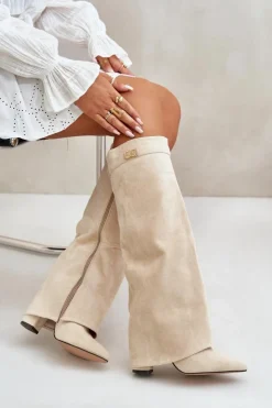 Boto Kozaki Ocieplane|Kozaki Na Słupku*Kozaki Damskie Eko Zamszowe Z Wywiniętą Cholewką Na Słupku Beżowe Bralise