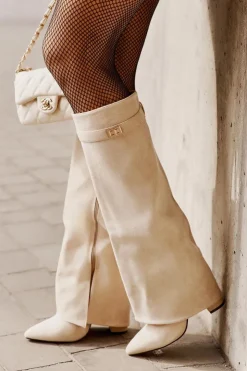 Boto Kozaki Ocieplane|Kozaki Na Słupku*Kozaki Damskie Eko Zamszowe Z Wywiniętą Cholewką Na Słupku Beżowe Bralise