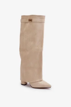 Boto Kozaki Ocieplane|Kozaki Na Słupku*Kozaki Damskie Eko Zamszowe Z Wywiniętą Cholewką Na Słupku Beżowe Bralise