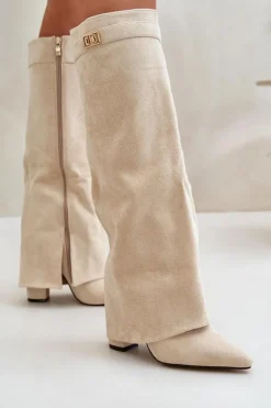 Boto Kozaki Ocieplane|Kozaki Na Słupku*Kozaki Damskie Eko Zamszowe Z Wywiniętą Cholewką Na Słupku Beżowe Bralise