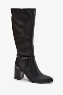 Buty Sergio Leone Kozaki Ocieplane|Kozaki Na Słupku*Kozaki Damskie Muszkieterki Ocieplane Na Słupku Z Klamrą Sergio Leone KZ25738 Czarne Czarny