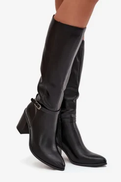 Buty Sergio Leone Kozaki Ocieplane|Kozaki Na Słupku*Kozaki Damskie Muszkieterki Ocieplane Na Słupku Z Klamrą Sergio Leone KZ25738 Czarne Czarny