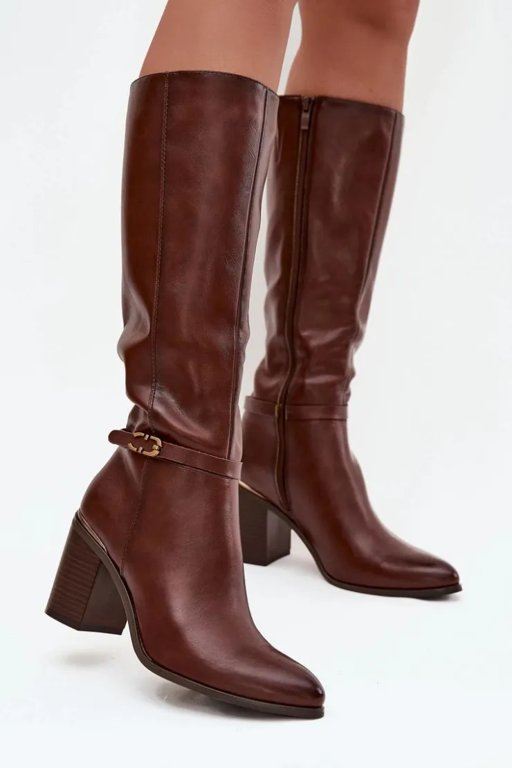 Clearance Buty Sergio Leone Kozaki Damskie Muszkieterki Ocieplane Na Słupku Z Klamrą Sergio Leone KZ25738 Brązowe