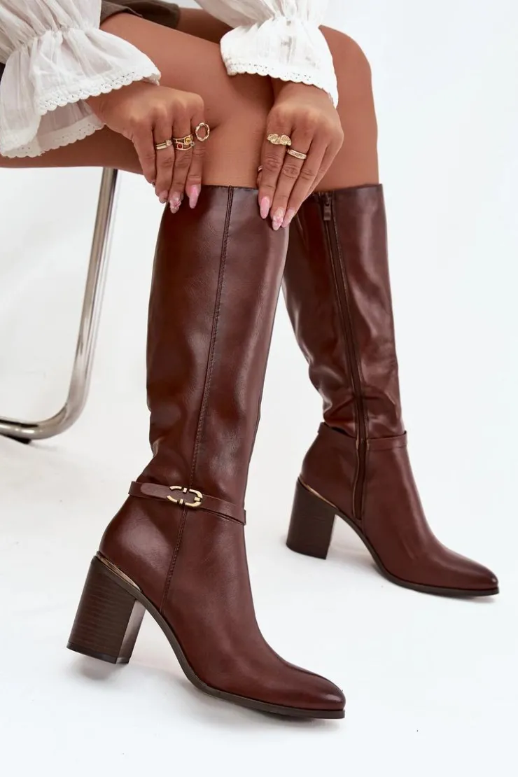 Clearance Buty Sergio Leone Kozaki Damskie Muszkieterki Ocieplane Na Słupku Z Klamrą Sergio Leone KZ25738 Brązowe