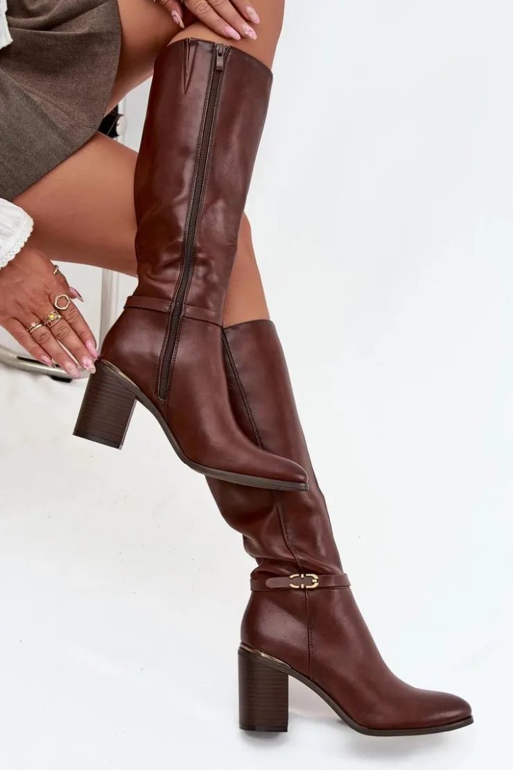 Clearance Buty Sergio Leone Kozaki Damskie Muszkieterki Ocieplane Na Słupku Z Klamrą Sergio Leone KZ25738 Brązowe