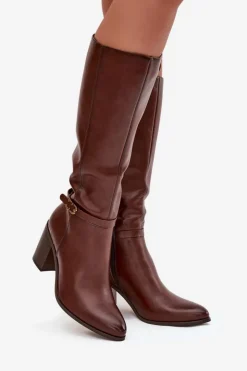 Clearance Buty Sergio Leone Kozaki Damskie Muszkieterki Ocieplane Na Słupku Z Klamrą Sergio Leone KZ25738 Brązowe