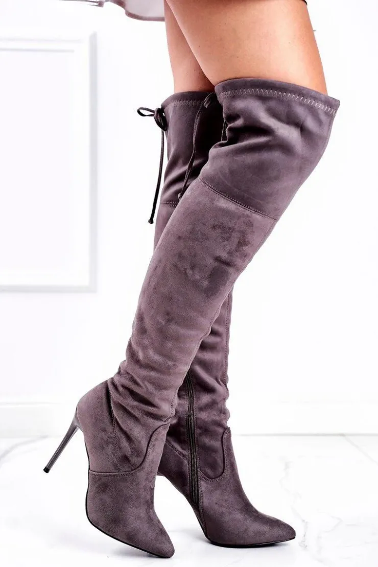 Boto Kozaki Na Obcasie|Kozaki Zamszowe*Kozaki Damskie Muszkieterki Na Szpilce Szare Timor