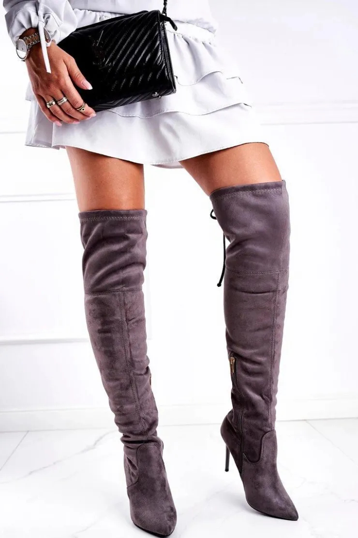 Boto Kozaki Na Obcasie|Kozaki Zamszowe*Kozaki Damskie Muszkieterki Na Szpilce Szare Timor