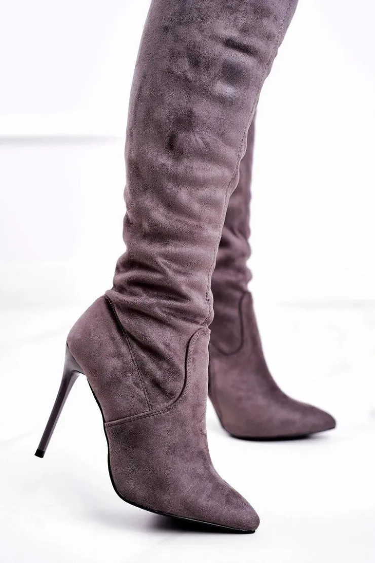 Boto Kozaki Na Obcasie|Kozaki Zamszowe*Kozaki Damskie Muszkieterki Na Szpilce Szare Timor