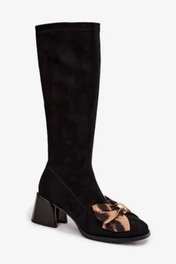 Best D&A Kozaki Damskie Na Klocku Z Ozdobną Kokardą JC52-828 Czarne