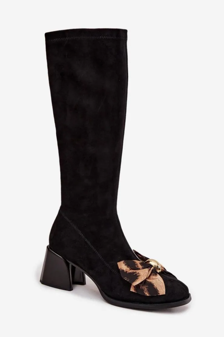 Best D&A Kozaki Damskie Na Klocku Z Ozdobną Kokardą JC52-828 Czarne