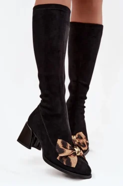 Best D&A Kozaki Damskie Na Klocku Z Ozdobną Kokardą JC52-828 Czarne