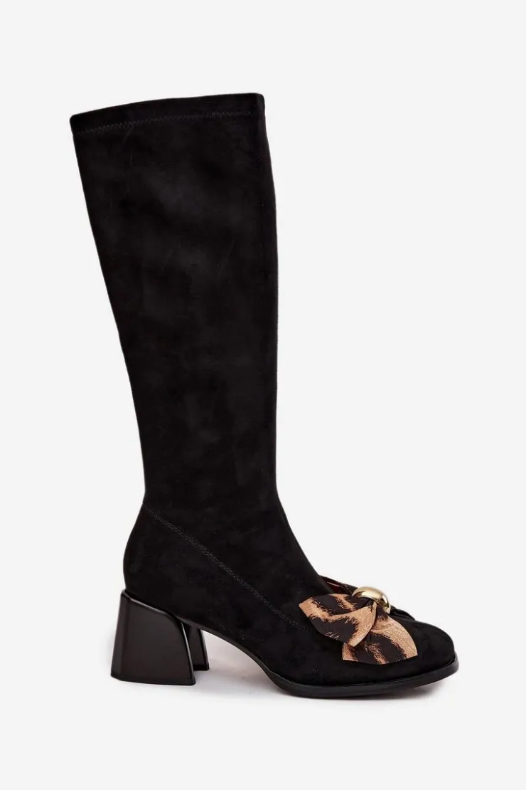 Best D&A Kozaki Damskie Na Klocku Z Ozdobną Kokardą JC52-828 Czarne