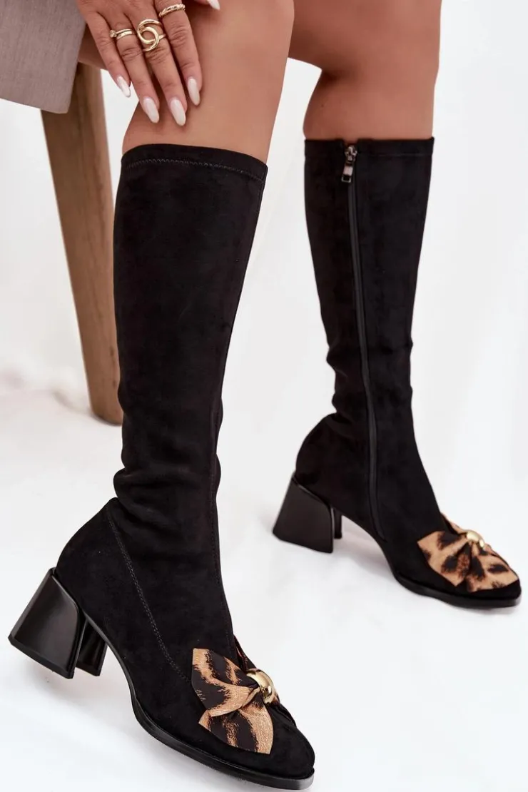 Best D&A Kozaki Damskie Na Klocku Z Ozdobną Kokardą JC52-828 Czarne