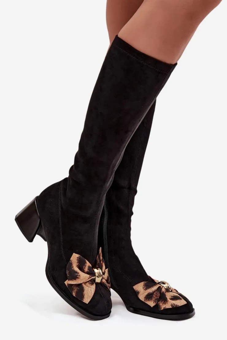 Best D&A Kozaki Damskie Na Klocku Z Ozdobną Kokardą JC52-828 Czarne