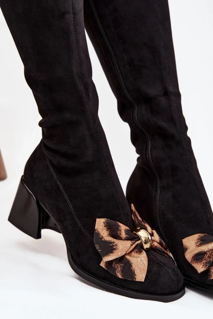 Best D&A Kozaki Damskie Na Klocku Z Ozdobną Kokardą JC52-828 Czarne