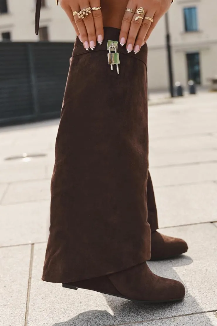 Boto Kozaki Ocieplane|Kozaki Na Koturnie*Kozaki Damskie Na Koturnie Z Paskiem I Srebrnym Detalem Czekoladowe Korivelle