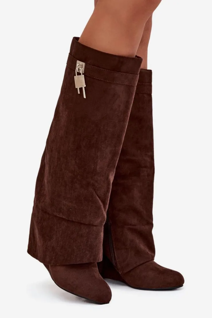 Boto Kozaki Ocieplane|Kozaki Na Koturnie*Kozaki Damskie Na Koturnie Z Paskiem I Srebrnym Detalem Czekoladowe Korivelle