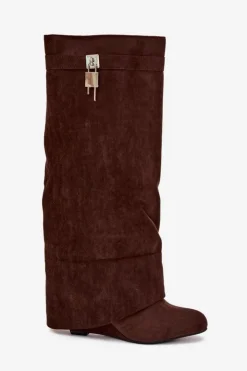 Boto Kozaki Ocieplane|Kozaki Na Koturnie*Kozaki Damskie Na Koturnie Z Paskiem I Srebrnym Detalem Czekoladowe Korivelle