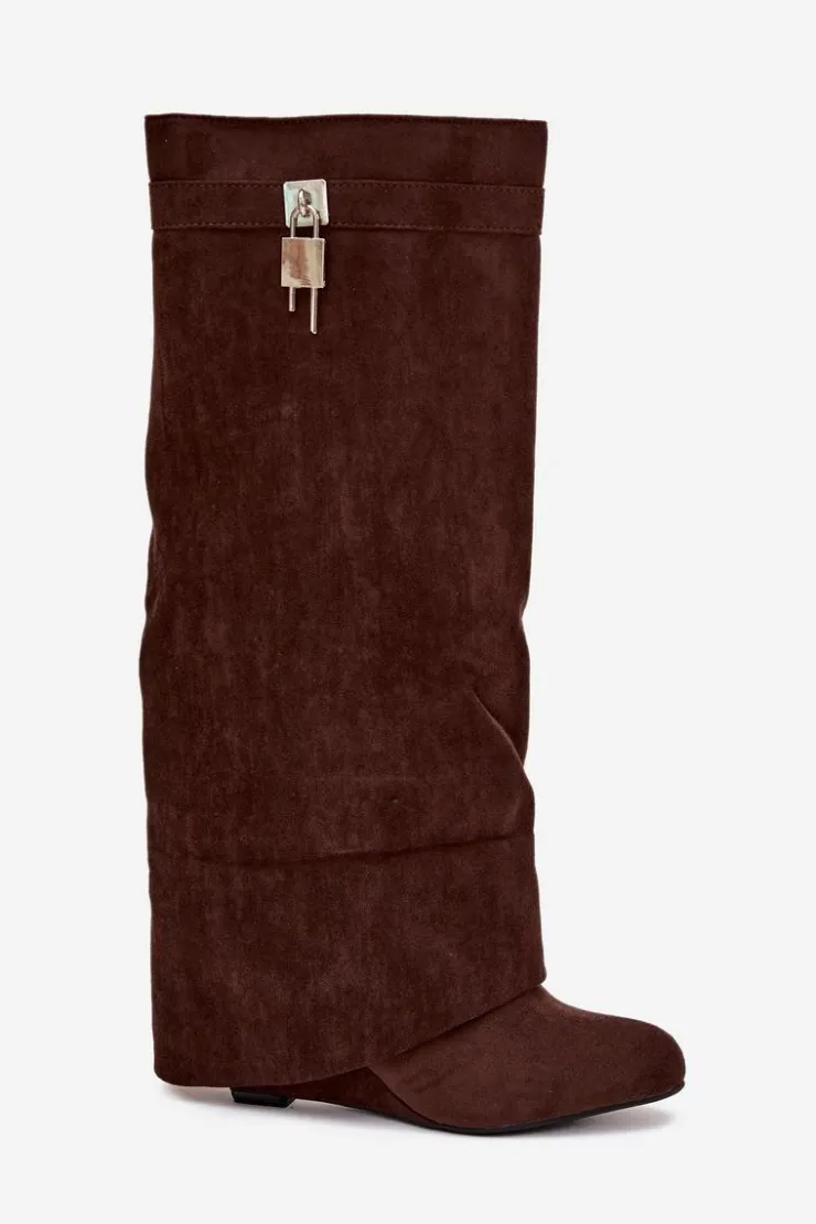 Boto Kozaki Ocieplane|Kozaki Na Koturnie*Kozaki Damskie Na Koturnie Z Paskiem I Srebrnym Detalem Czekoladowe Korivelle