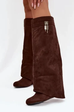 Boto Kozaki Ocieplane|Kozaki Na Koturnie*Kozaki Damskie Na Koturnie Z Paskiem I Srebrnym Detalem Czekoladowe Korivelle