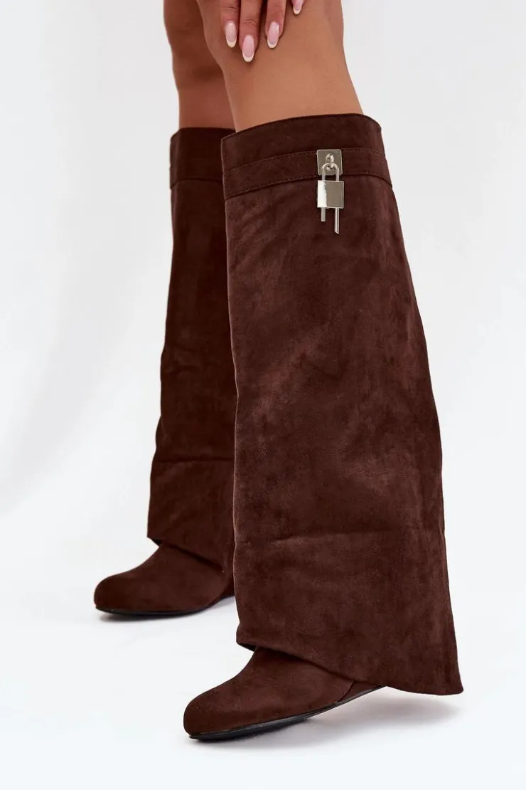 Boto Kozaki Ocieplane|Kozaki Na Koturnie*Kozaki Damskie Na Koturnie Z Paskiem I Srebrnym Detalem Czekoladowe Korivelle