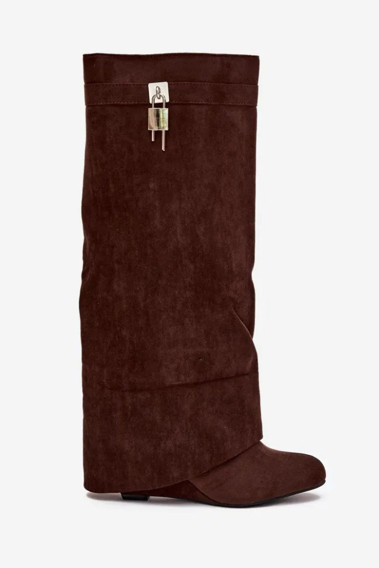 Boto Kozaki Ocieplane|Kozaki Na Koturnie*Kozaki Damskie Na Koturnie Z Paskiem I Srebrnym Detalem Czekoladowe Korivelle