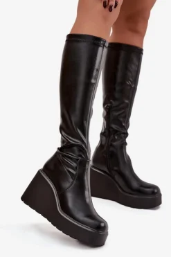 Clearance Boto Kozaki Damskie Na Koturnie Czarne Terisse