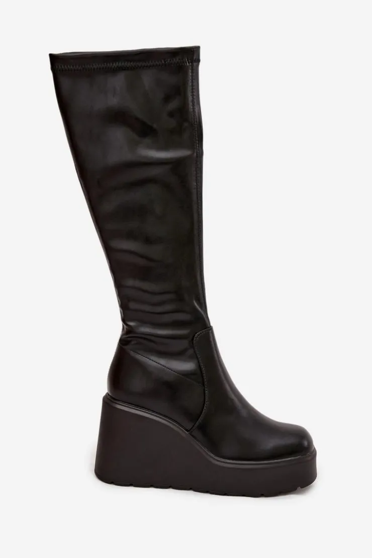 Clearance Boto Kozaki Damskie Na Koturnie Czarne Terisse