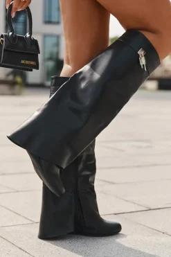 Best Boto Kozaki Damskie Na Koturnie Z Paskiem I Srebrnym Detalem Eko Skórzane Czarne Korivelle Czarny