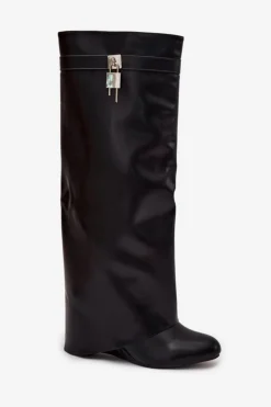 Best Boto Kozaki Damskie Na Koturnie Z Paskiem I Srebrnym Detalem Eko Skórzane Czarne Korivelle Czarny