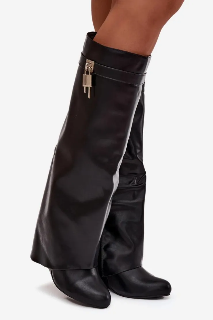 Best Boto Kozaki Damskie Na Koturnie Z Paskiem I Srebrnym Detalem Eko Skórzane Czarne Korivelle Czarny