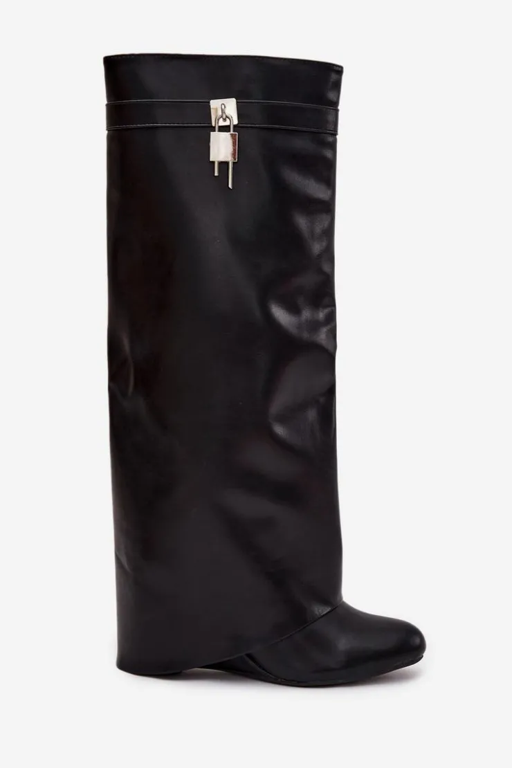 Best Boto Kozaki Damskie Na Koturnie Z Paskiem I Srebrnym Detalem Eko Skórzane Czarne Korivelle Czarny