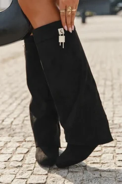 Boto Kozaki Ocieplane|Kozaki Na Koturnie*Kozaki Damskie Na Koturnie Z Paskiem I Srebrnym Detalem Czarne Korivelle