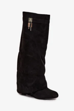 Boto Kozaki Ocieplane|Kozaki Na Koturnie*Kozaki Damskie Na Koturnie Z Paskiem I Srebrnym Detalem Czarne Korivelle